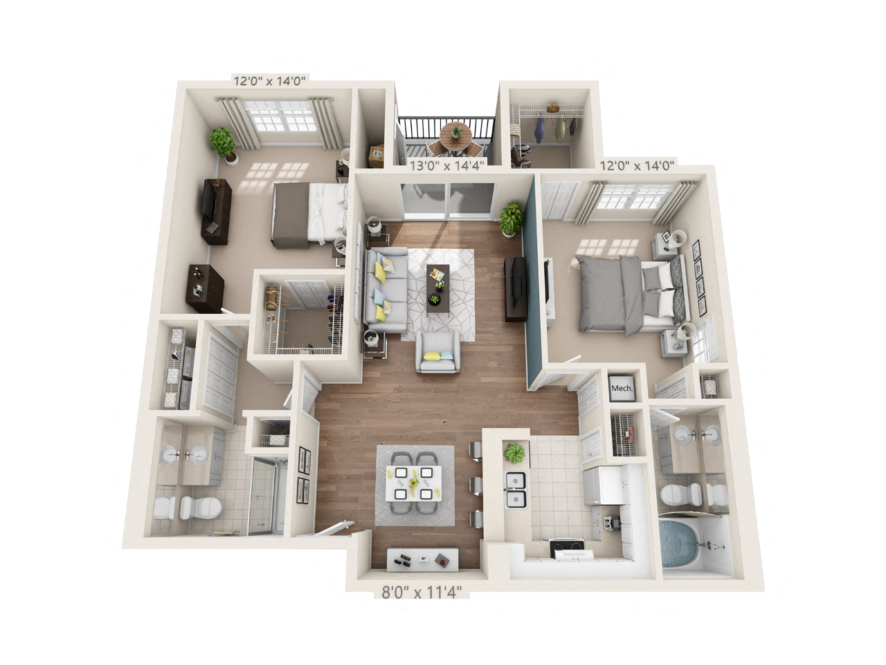 Floor plan for 2 beds, 2 baths, 1209 sqft